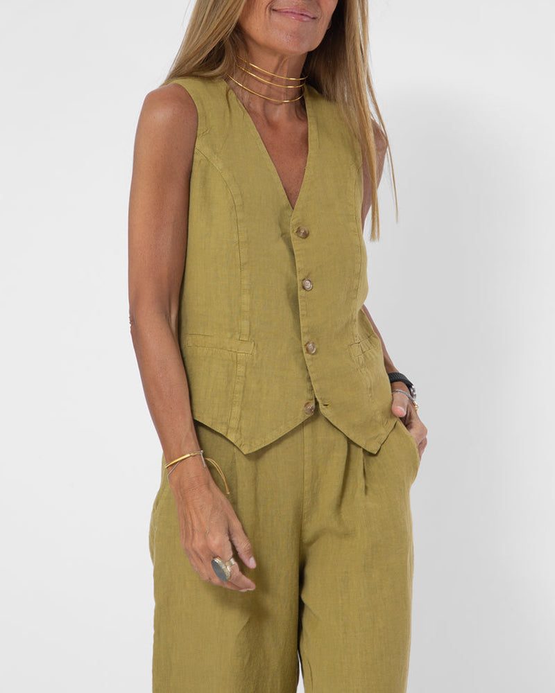 Ensemble 2 Pièces Pantalon Large en Lin avec Gilet pour Femme