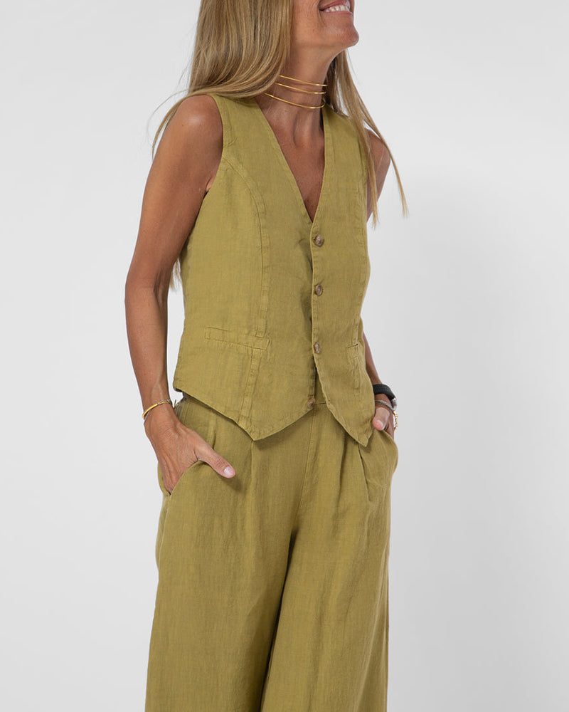 Ensemble 2 Pièces Pantalon Large en Lin avec Gilet pour Femme - View 3