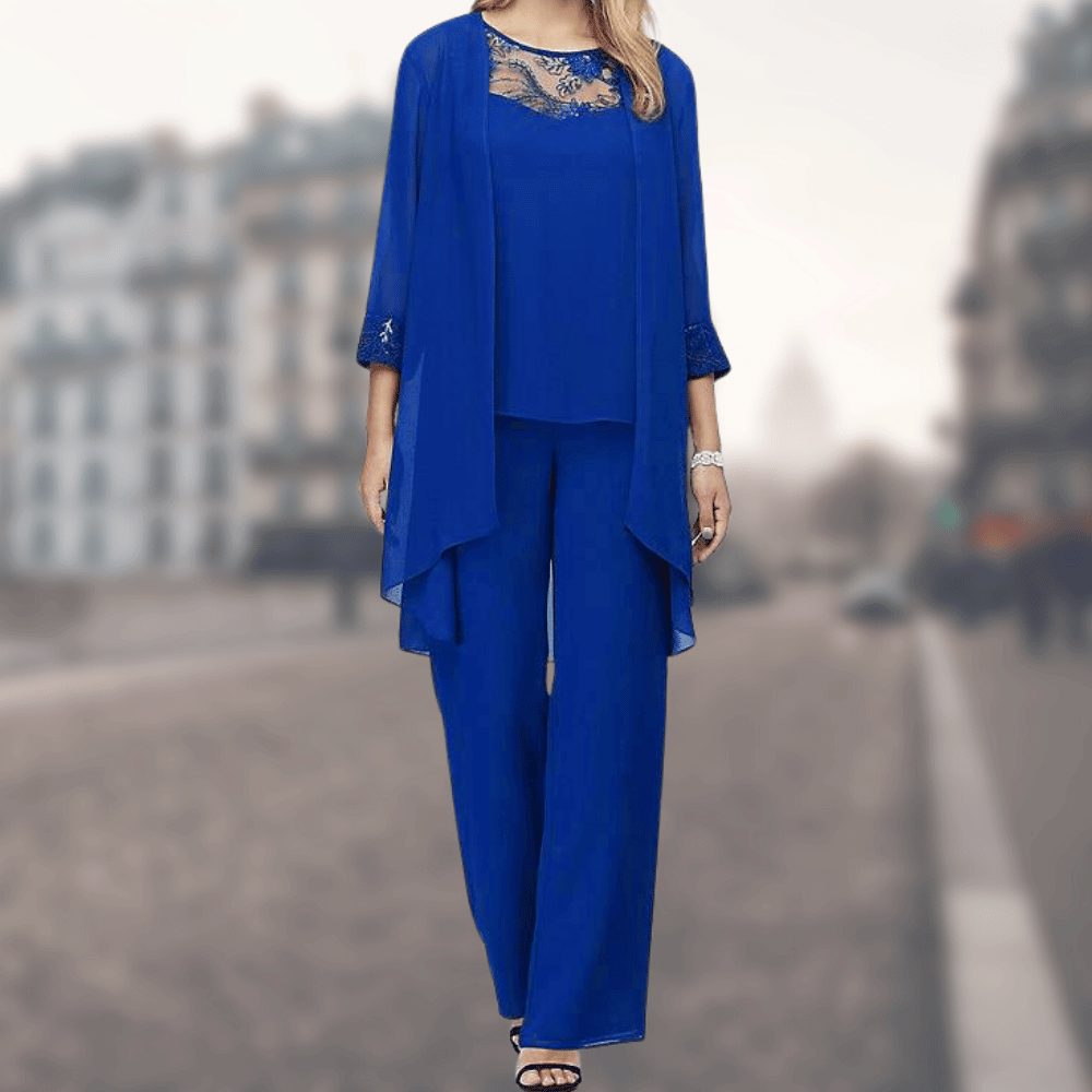 Ensemble 3 Pièces avec Veste Longue pour Femme - Bleu