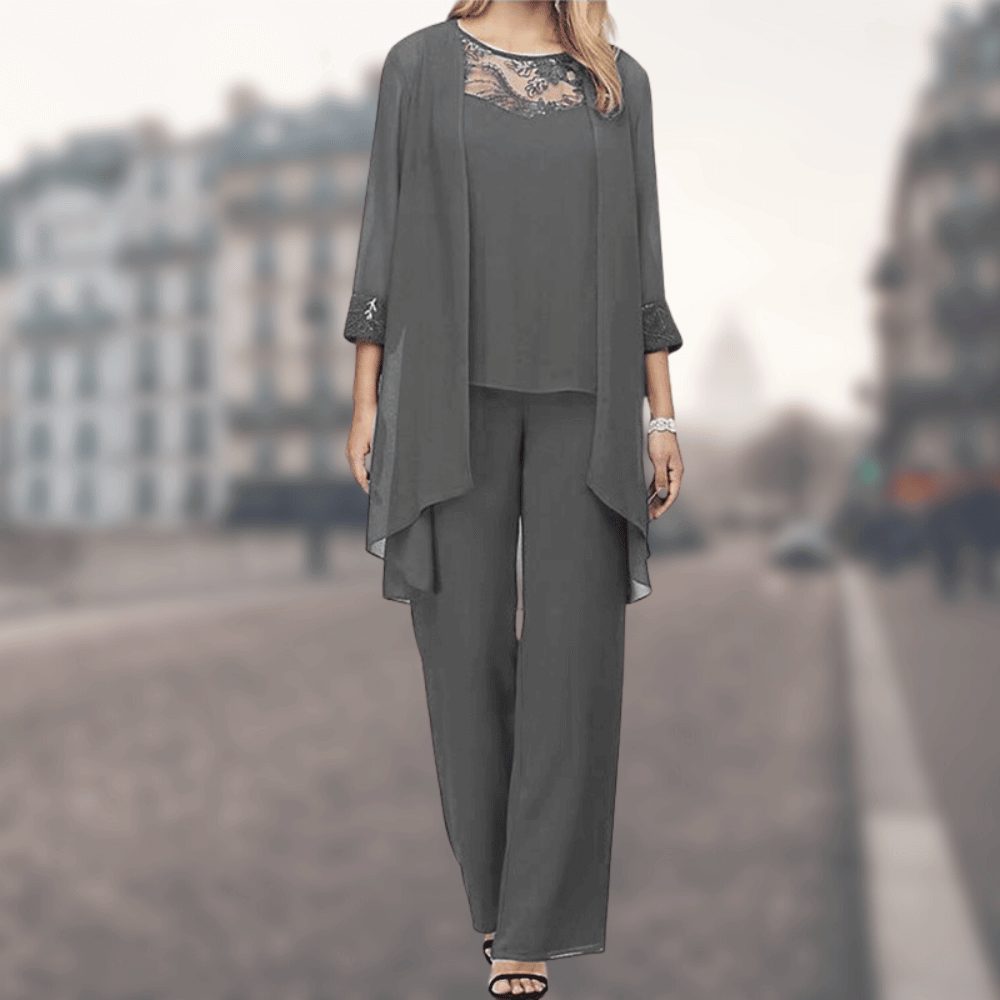 Ensemble 3 Pièces avec Veste Longue pour Femme - Gris