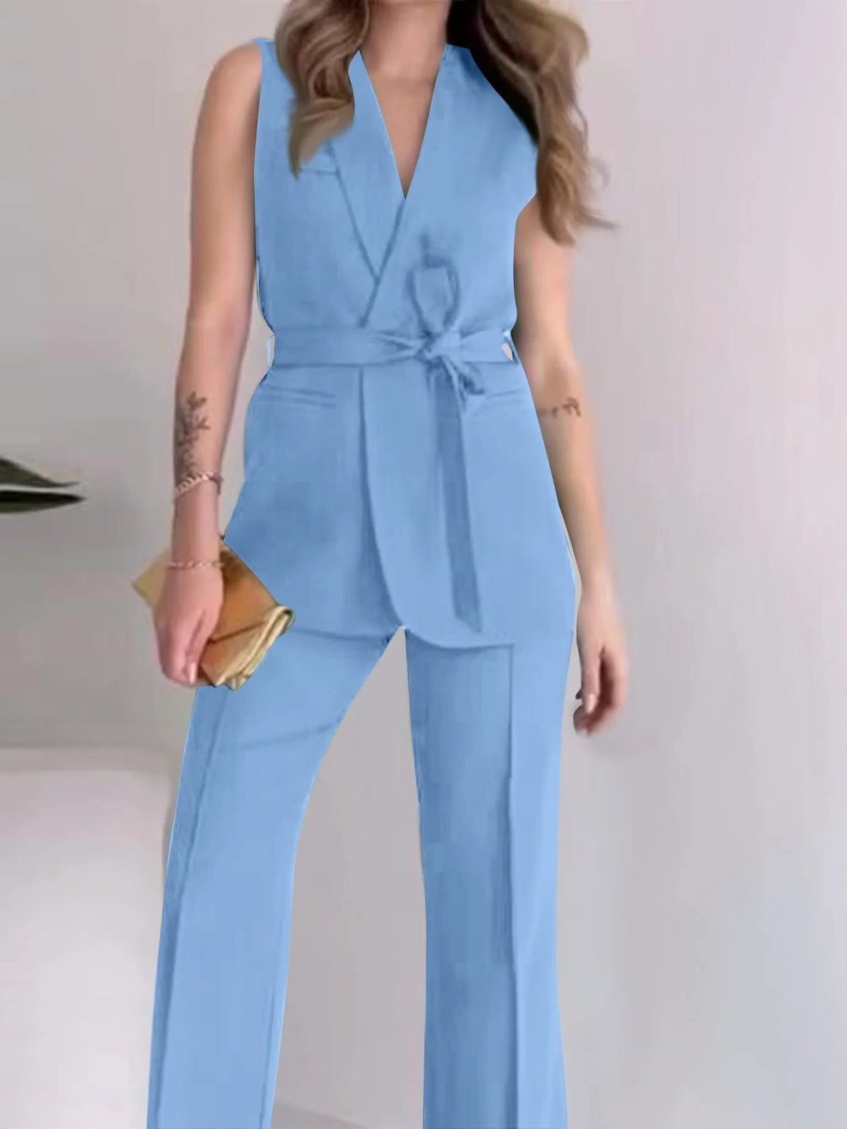 Ensemble Blazer sans Manches Tailleur Portefeuille pour Femme - Bleu ciel