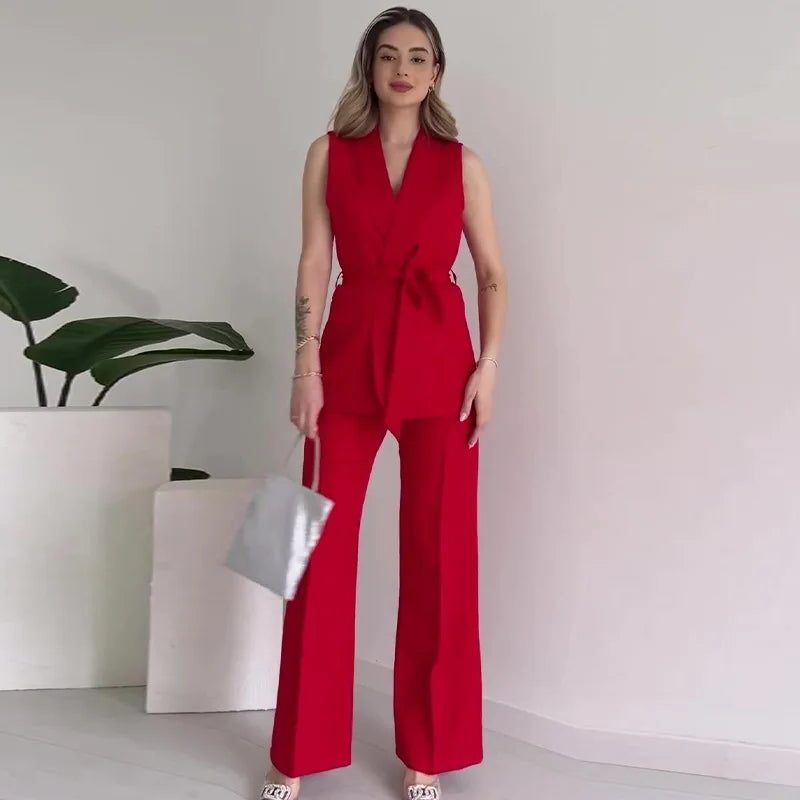 Ensemble Blazer sans Manches Tailleur Portefeuille pour Femme - Rouge