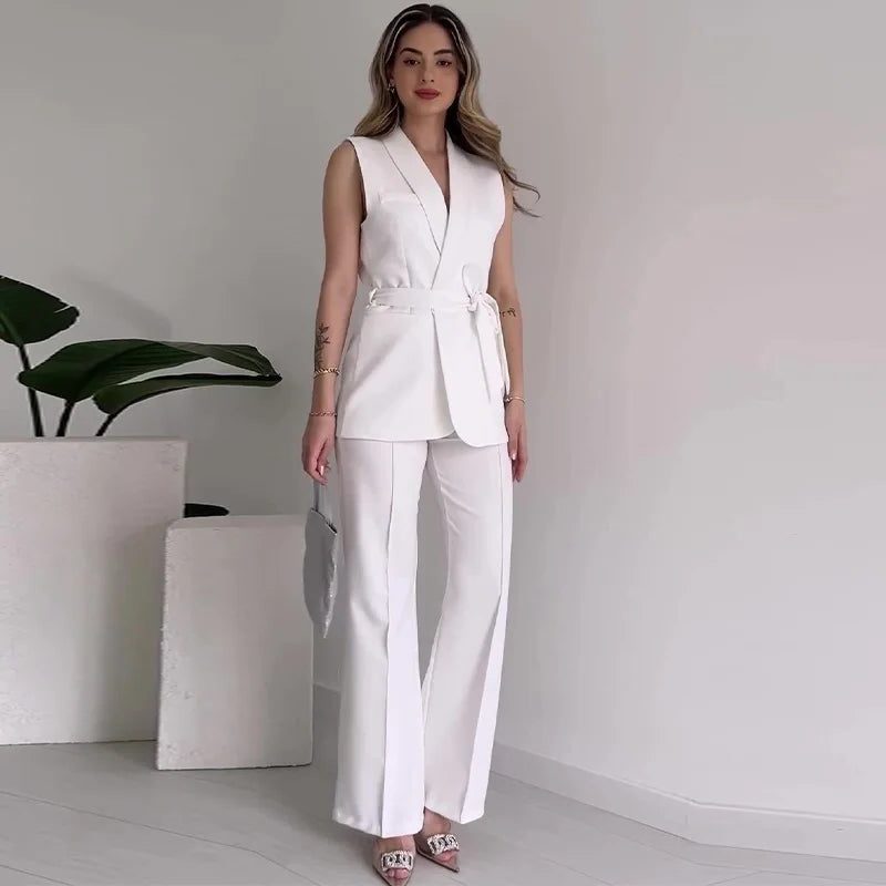 Ensemble Blazer sans Manches Tailleur Portefeuille pour Femme - Blanc