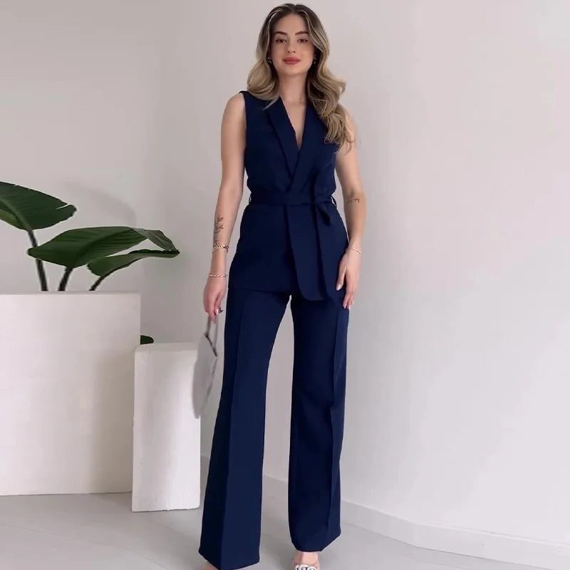 Ensemble Blazer sans Manches Tailleur Portefeuille pour Femme - Bleu marine