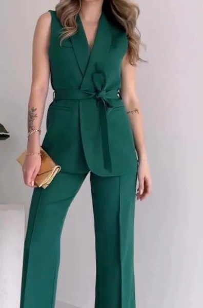 Ensemble Blazer sans Manches Tailleur Portefeuille pour Femme - Vert foncé