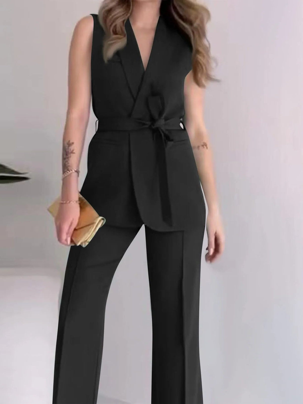 Ensemble Blazer sans Manches Tailleur Portefeuille pour Femme - Noir