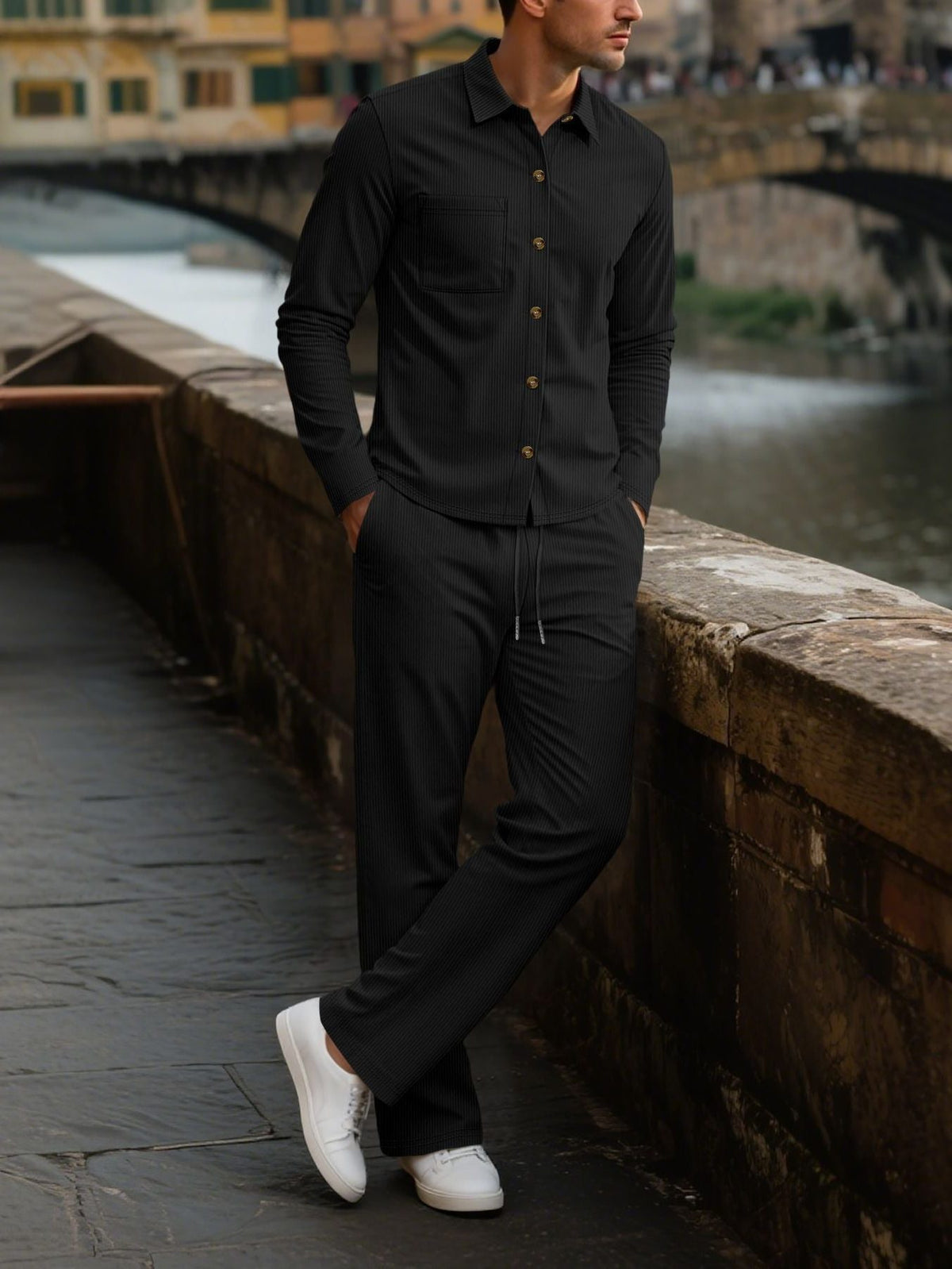 Ensemble Chemise et Pantalon à Manches Longues pour Homme - Noir