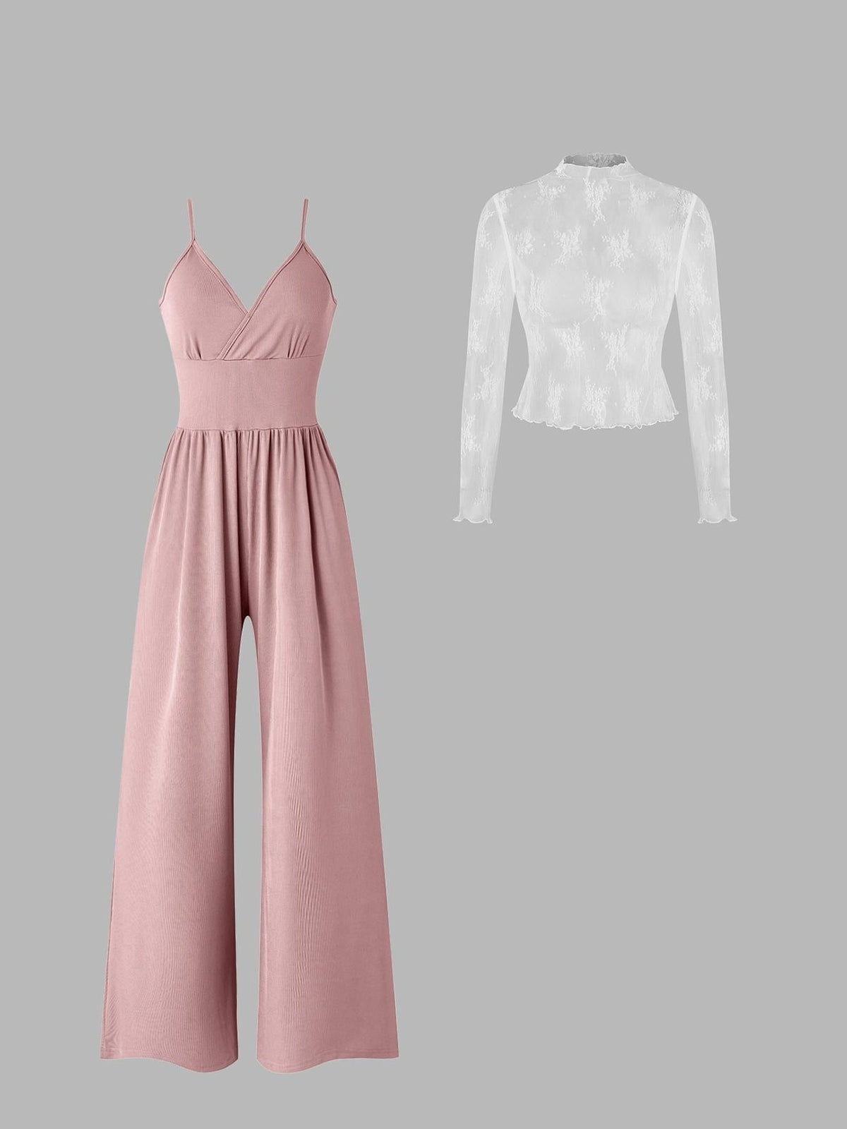 Ensemble Large Satiné avec Bretelles Fines pour Femme - Rose