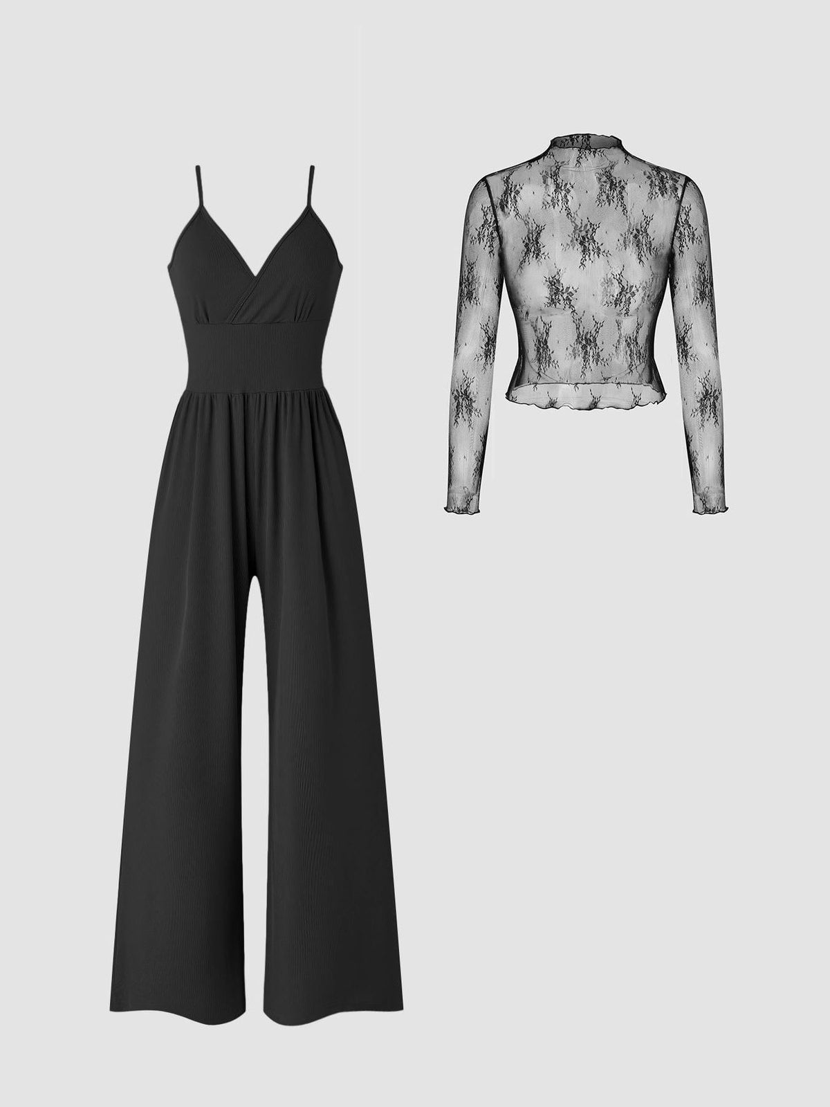 Ensemble Large Satiné avec Bretelles Fines pour Femme - Noir