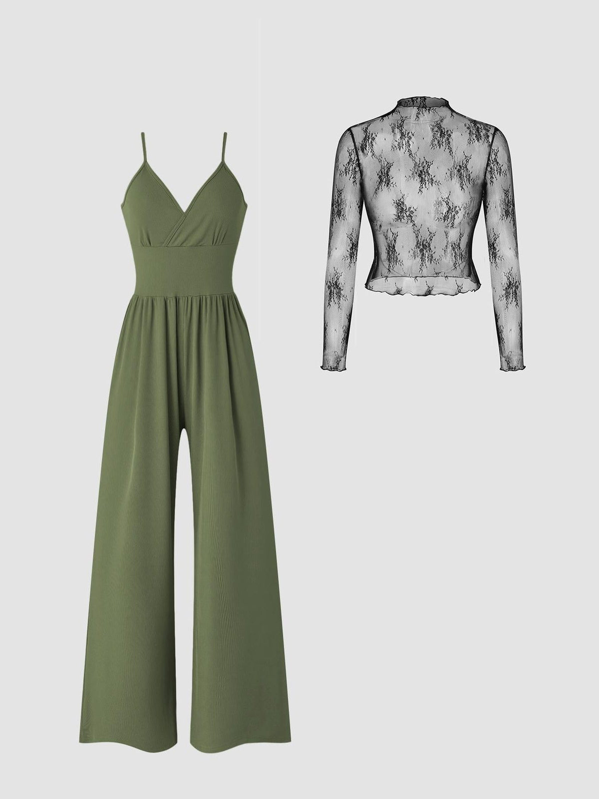 Ensemble Large Satiné avec Bretelles Fines pour Femme - Vert olive
