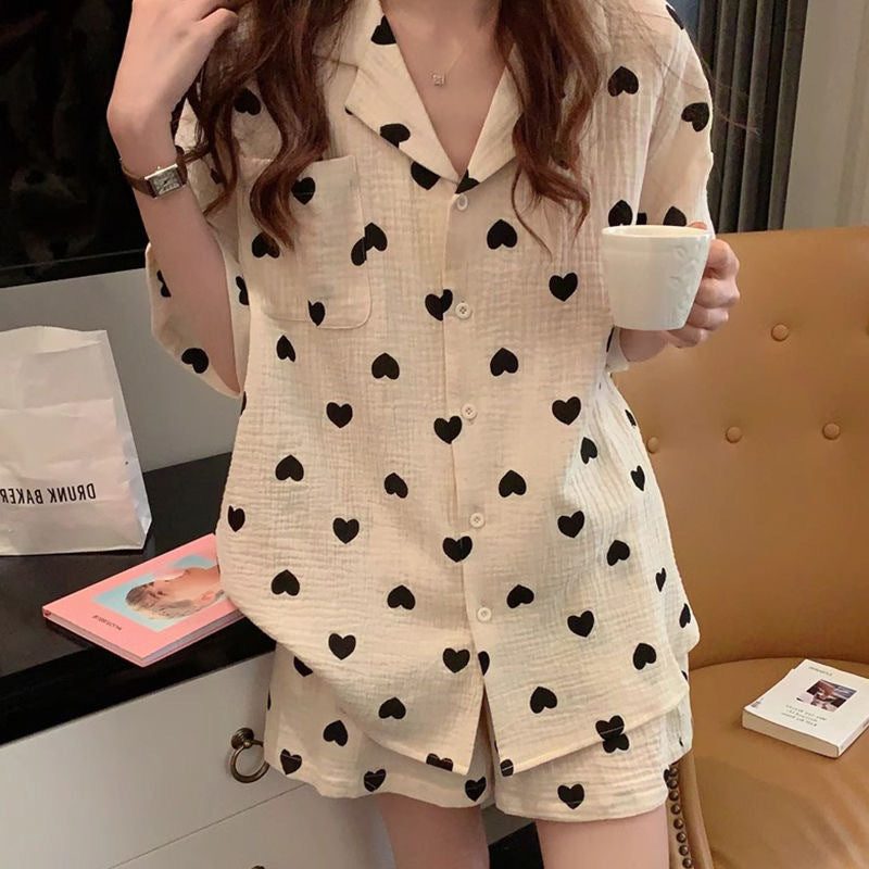 Ensemble Pyjama 2 Pièces à Cœurs avec Manches Courtes pour Femme