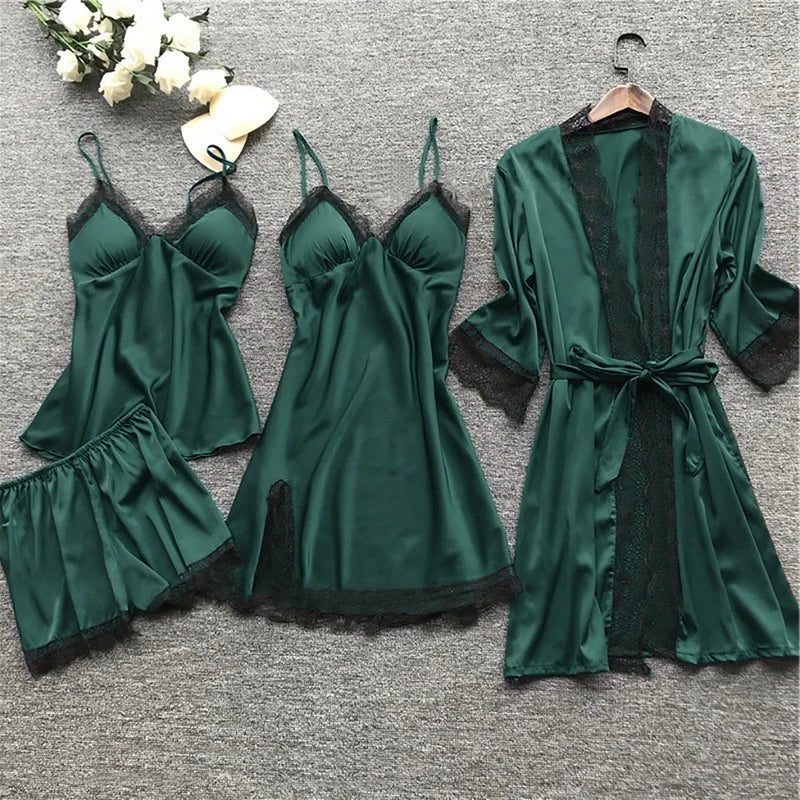 Ensemble Pyjama 4 Pièces en Satin avec Dentelle pour Femme