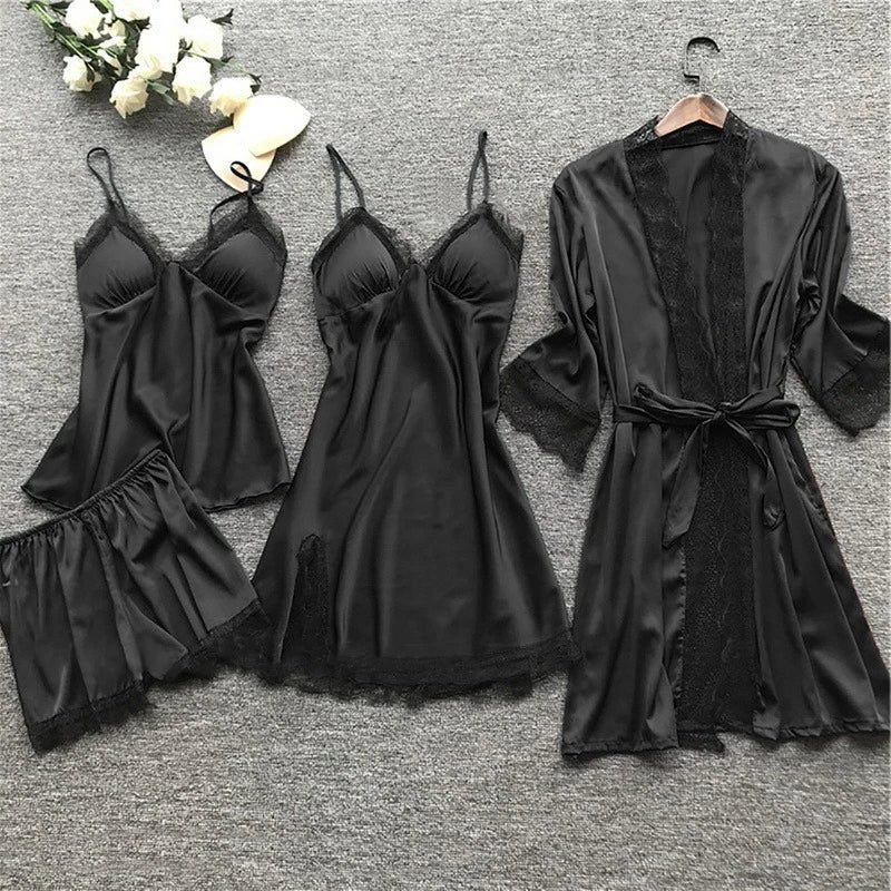 Ensemble Pyjama 4 Pièces en Satin avec Dentelle pour Femme - Noir
