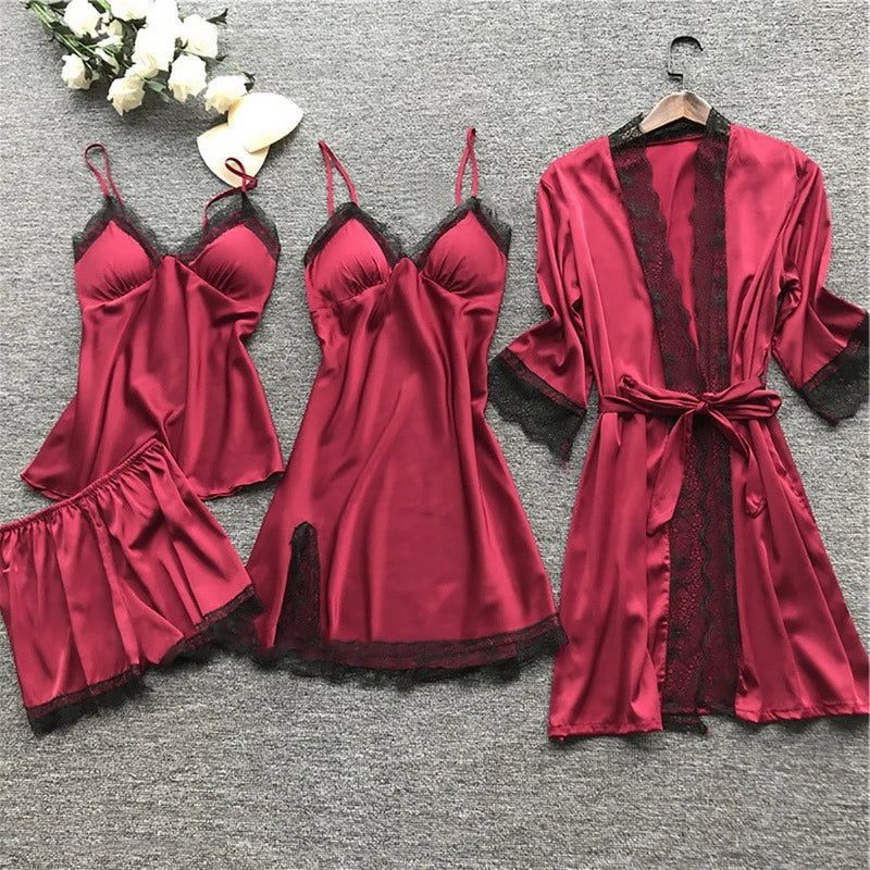 Ensemble Pyjama 4 Pièces en Satin avec Dentelle pour Femme - Rouge