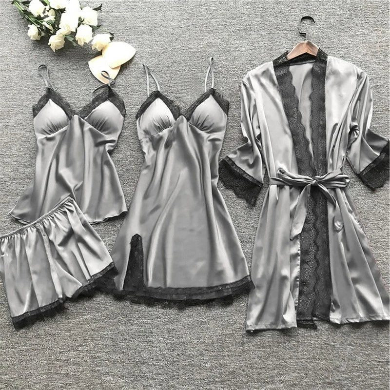 Ensemble Pyjama 4 Pièces en Satin avec Dentelle pour Femme - Gris