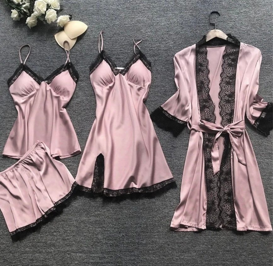 Ensemble Pyjama 4 Pièces en Satin avec Dentelle pour Femme - Rose