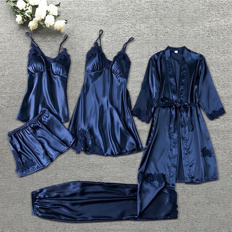 Ensemble Pyjama 4 Pièces en Satin avec Dentelle pour Femme - Bleu foncé