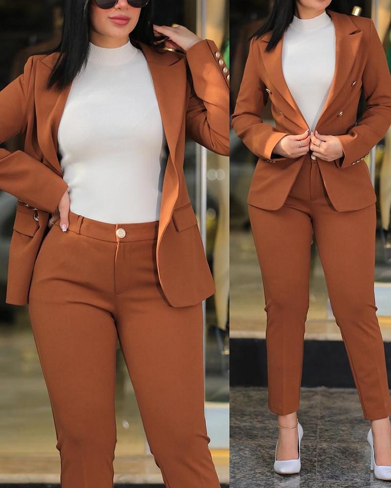 Ensemble Tailleur-Pantalon Blazer Cintrée pour Femme - Café