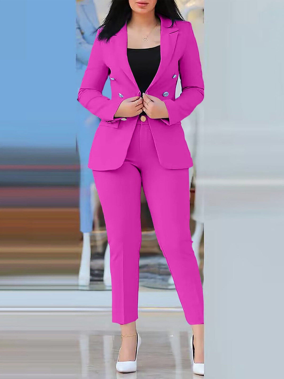 Ensemble Tailleur-Pantalon Blazer Cintrée pour Femme - Fuchsia