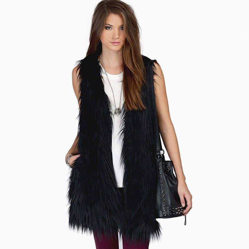 Gilet Fourrure Synthétique sans Manches avec Poches pour Femme