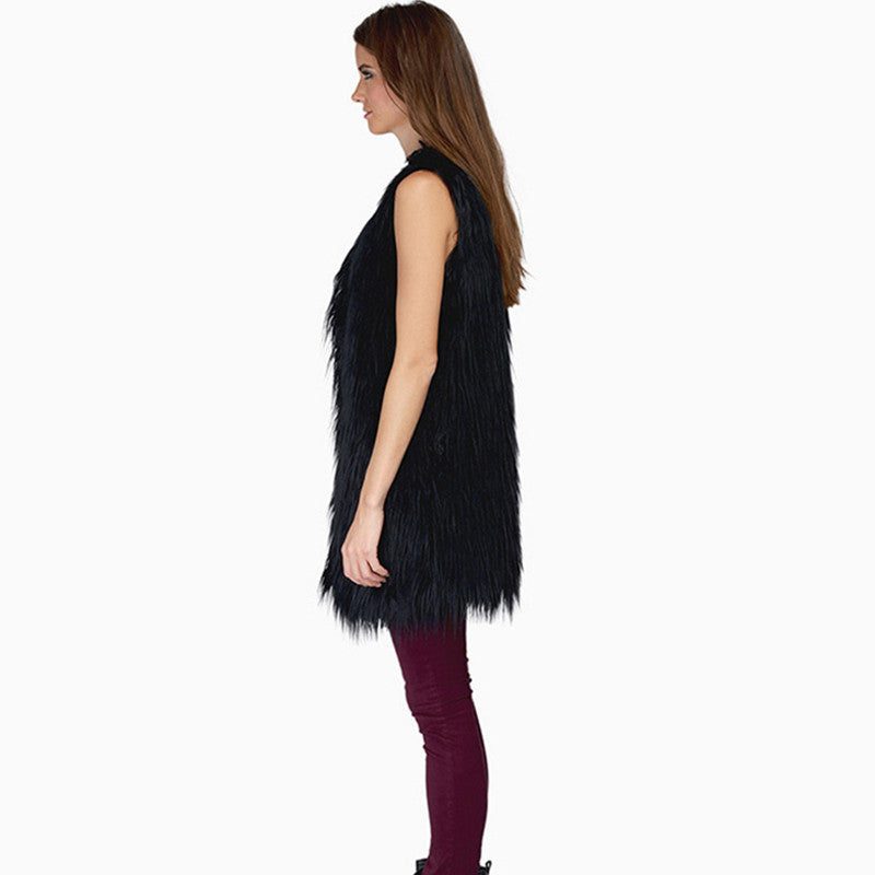 Gilet Fourrure Synthétique sans Manches avec Poches pour Femme