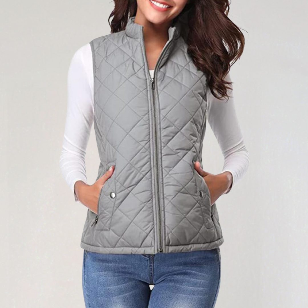 Gilet Matelassé à Fermeture Éclair pour Femme - Gris