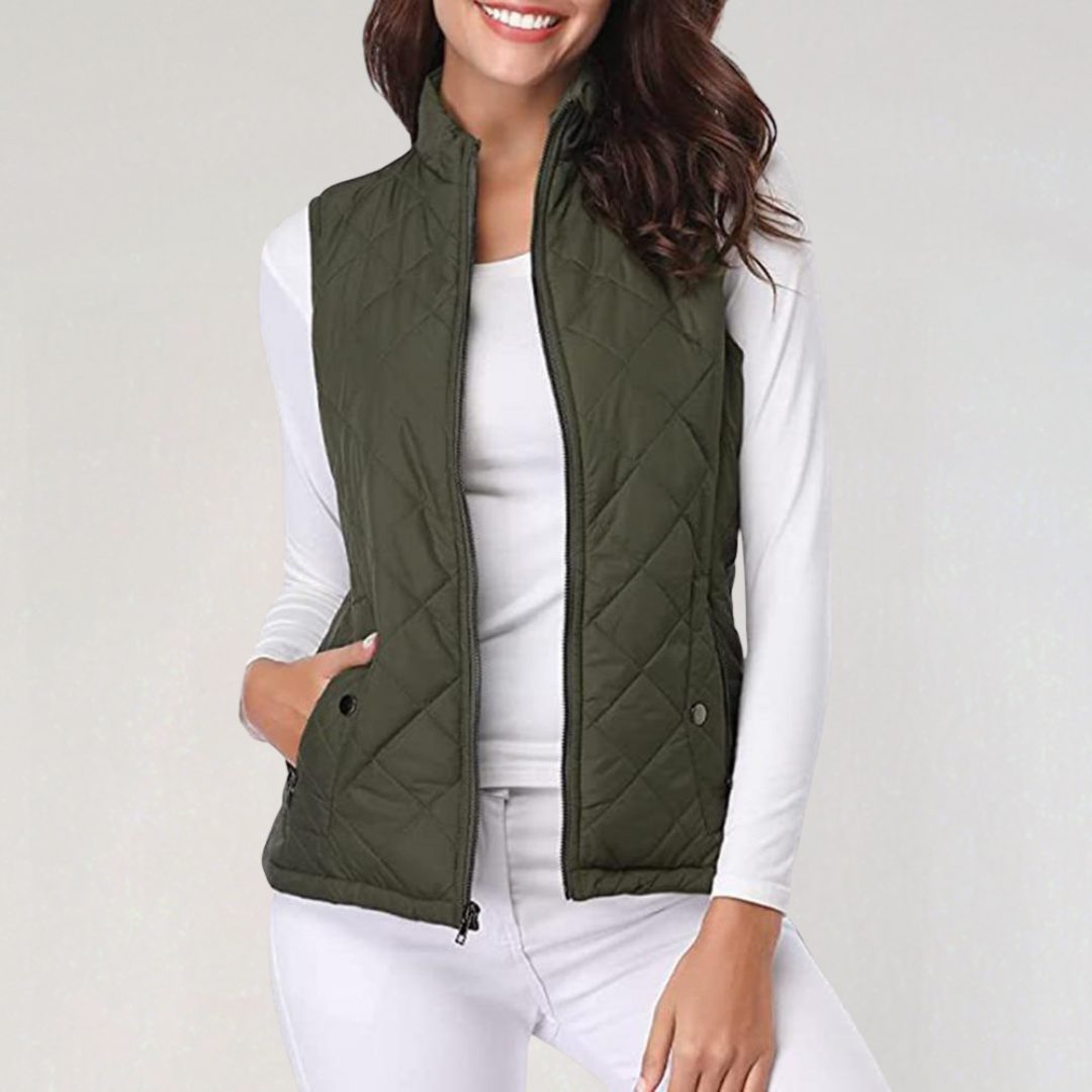 Gilet Matelassé à Fermeture Éclair pour Femme - Vert foncé