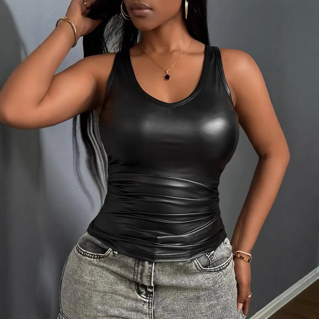 Haut Ajusté Col V en Cuir Synthétique pour Femme