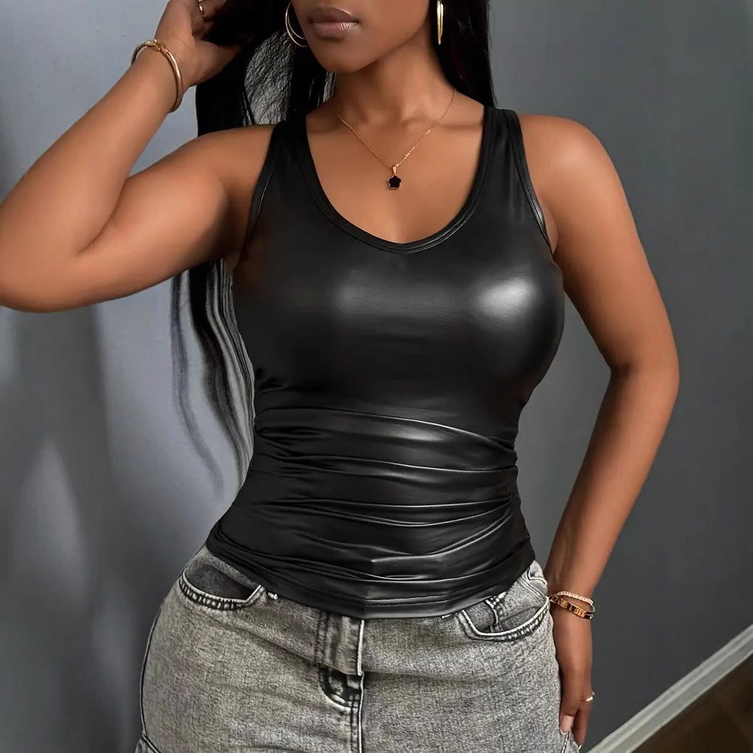 Haut Ajusté Col V en Cuir Synthétique pour Femme - View 4