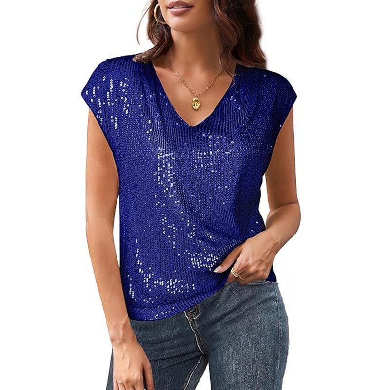 Haut à Paillettes avec Col V et Manches Courtes pour Femme - Bleu