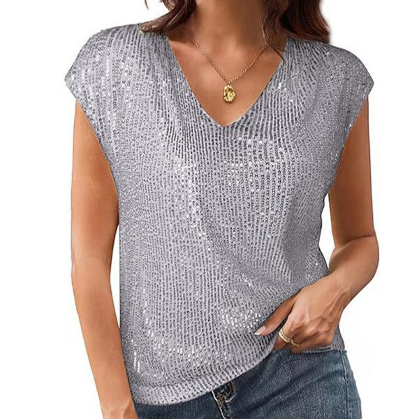 Haut à Paillettes avec Col V et Manches Courtes pour Femme