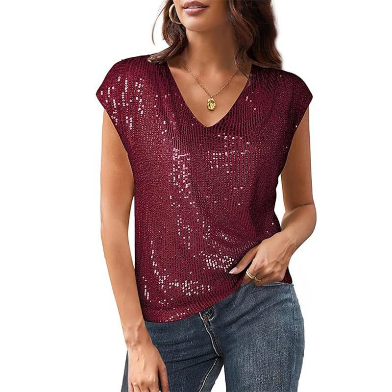 Haut à Paillettes avec Col V et Manches Courtes pour Femme - Rouge