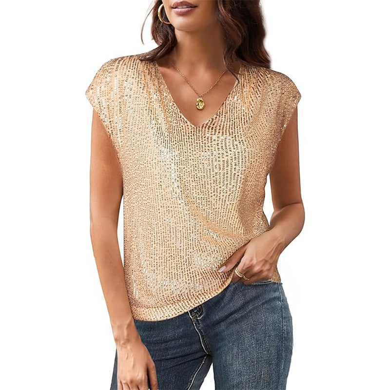 Haut à Paillettes avec Col V et Manches Courtes pour Femme - Or