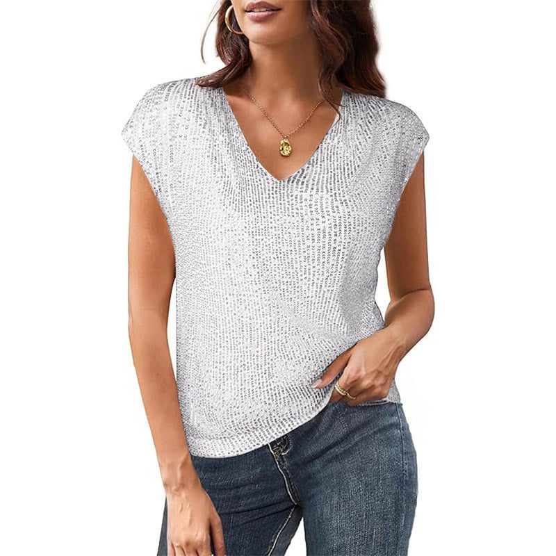 Haut à Paillettes avec Col V et Manches Courtes pour Femme - Blanc