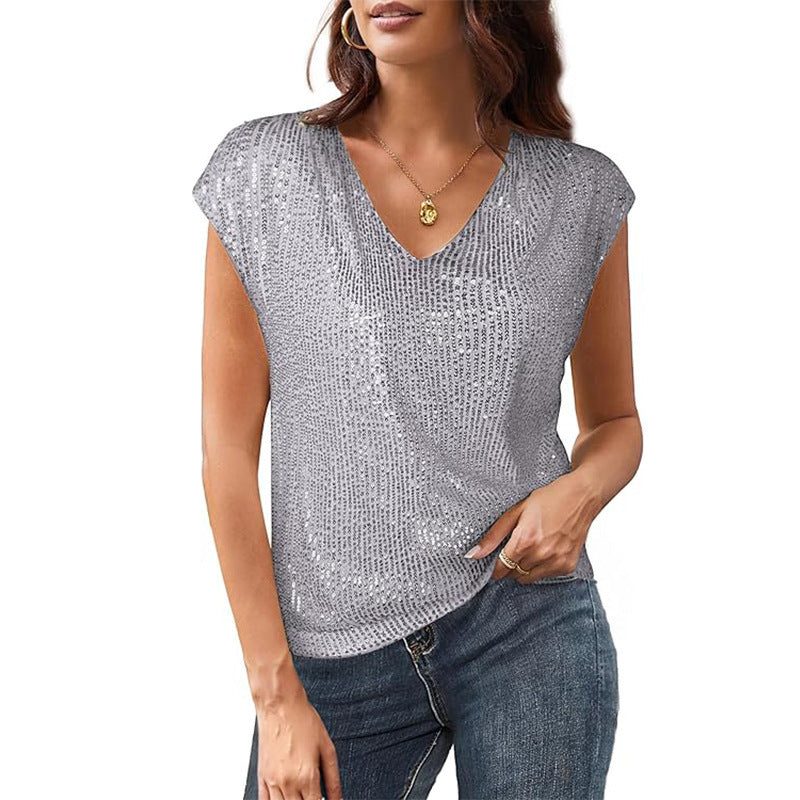 Haut à Paillettes avec Col V et Manches Courtes pour Femme - Argent