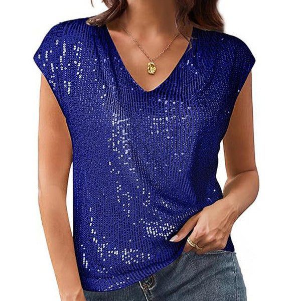 Haut à Paillettes avec Col V et Manches Courtes pour Femme