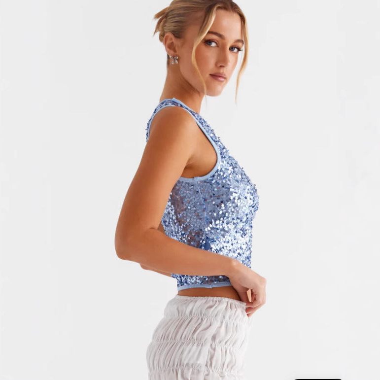 Haut à Paillettes Col Rond Moulant pour Femme - View 5