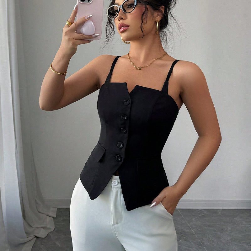 Haut sans Manches à Boutons avec Découpe Carrée pour Femme - Noir