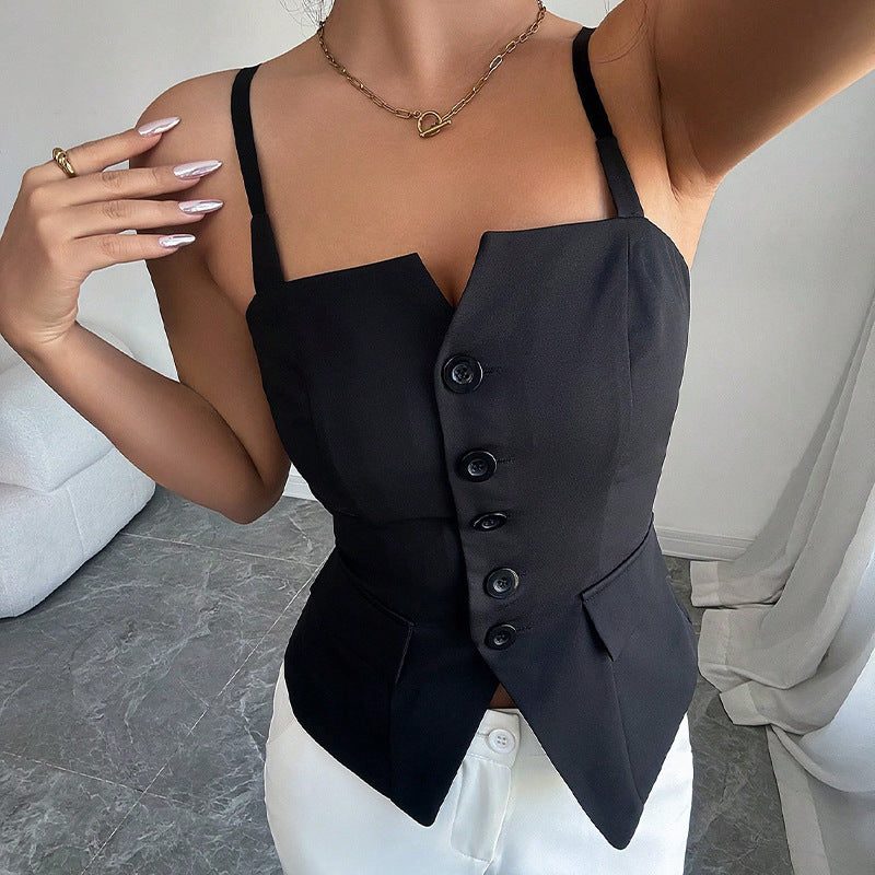 Haut sans Manches à Boutons avec Découpe Carrée pour Femme