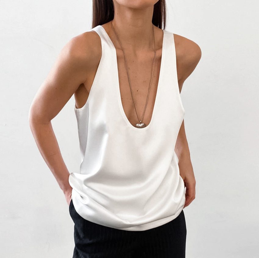 Haut sans Manches Décolleté V en Satin pour Femme