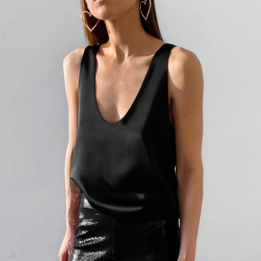 Haut sans Manches Décolleté V en Satin pour Femme