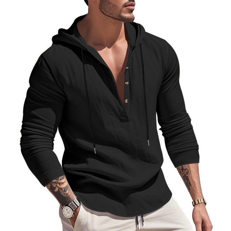 Hoodie à Capuche Boutonné en Lin pour Homme - Noir