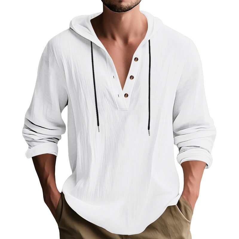 Hoodie à Capuche Boutonné en Lin pour Homme - View 6