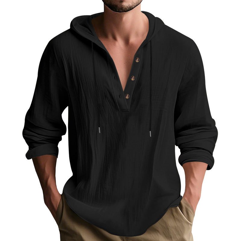 Hoodie à Capuche Boutonné en Lin pour Homme - View 8