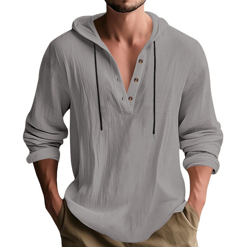 Hoodie à Capuche Boutonné en Lin pour Homme - View 9