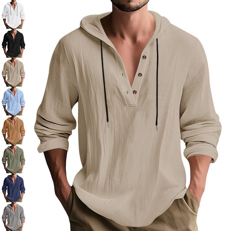Hoodie à Capuche Boutonné en Lin pour Homme