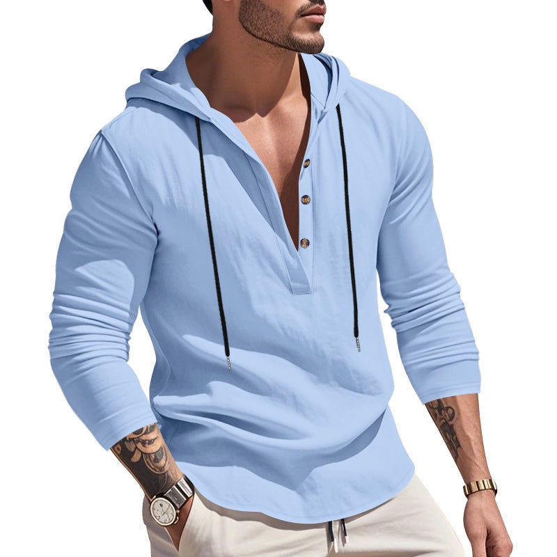 Hoodie à Capuche Boutonné en Lin pour Homme - Bleu