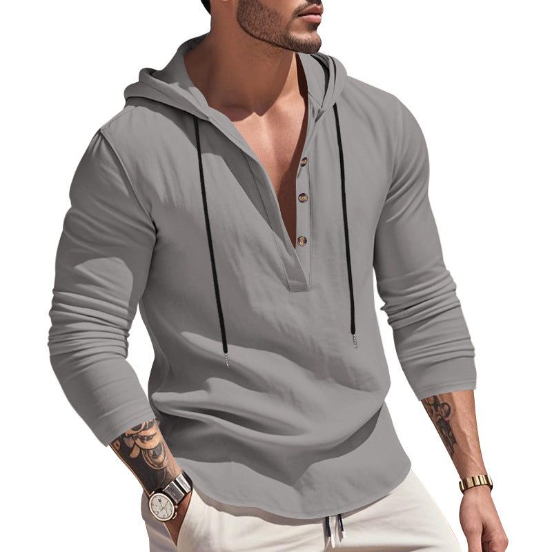 Hoodie à Capuche Boutonné en Lin pour Homme - Gris foncé