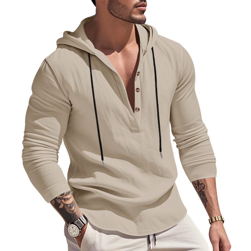 Hoodie à Capuche Boutonné en Lin pour Homme - Kaki clair