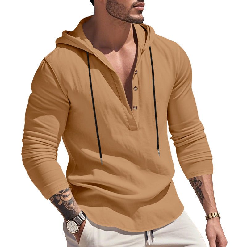 Hoodie à Capuche Boutonné en Lin pour Homme - Marron terre